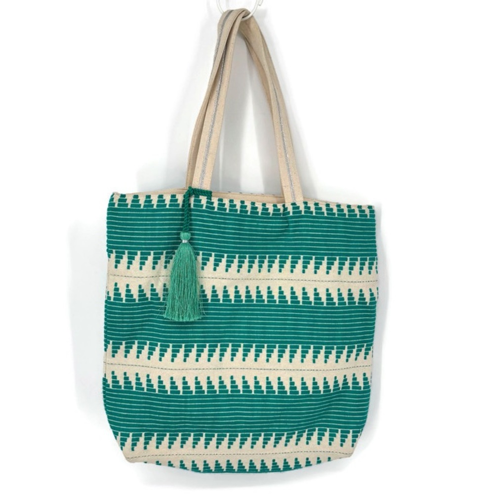 Tie‎ Rack London Boho Woven Canvas Tote Bag with Tassel – Green & Cream